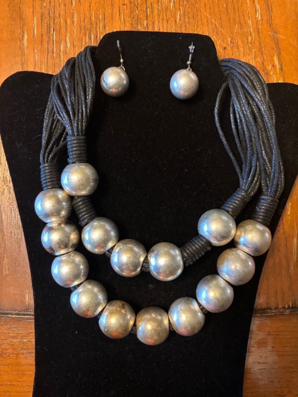 Hand Crafted Metallic Silver Bead Multi-Strand Necklace with Earrings